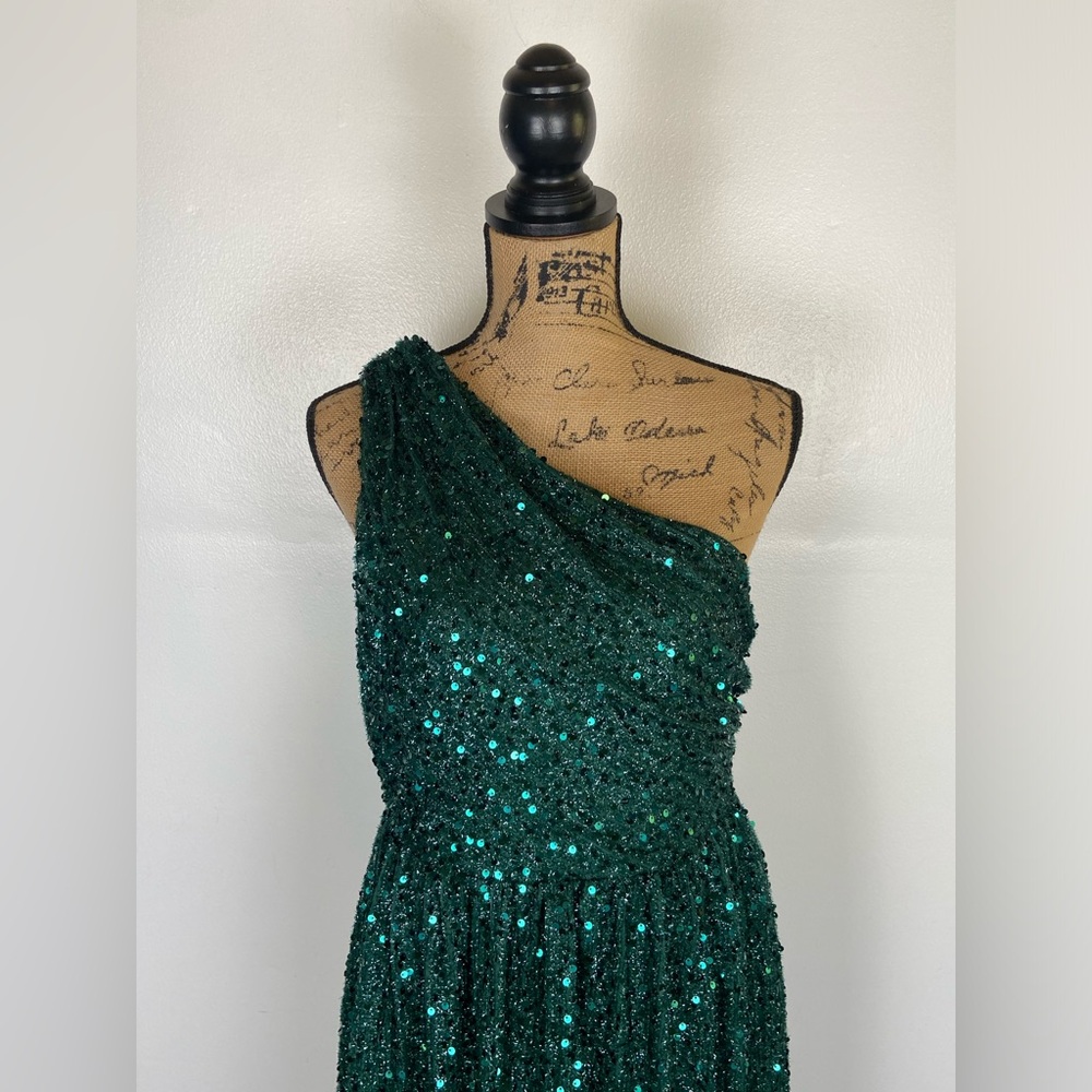 Faeriesty Sequin Gown Dress Size L Green One Shoulder Prom Weeding Dress Pleated - Picture 7 of 14